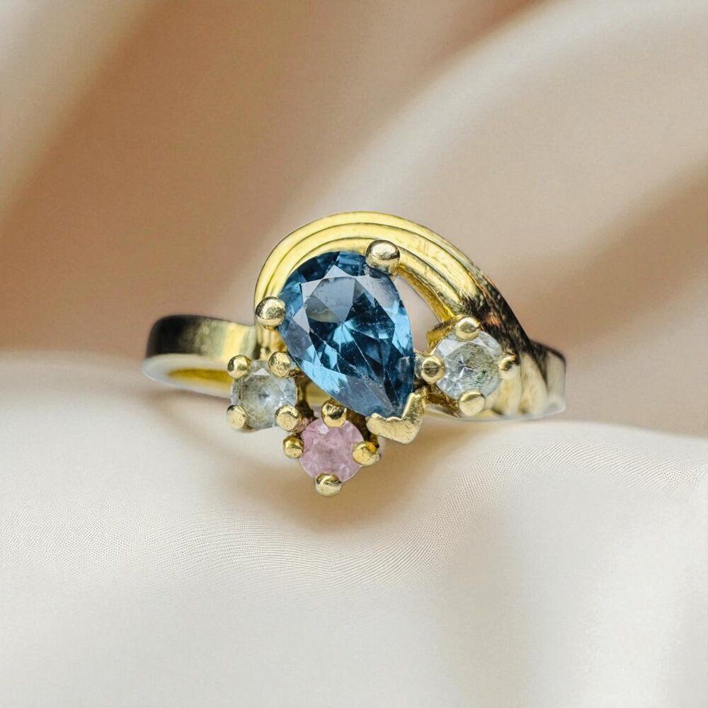 10K Gold- Natural Cobalt Blue Spinel Ring sz 8- 3/4CT Pear Cut Rainbow Ring 2.4g